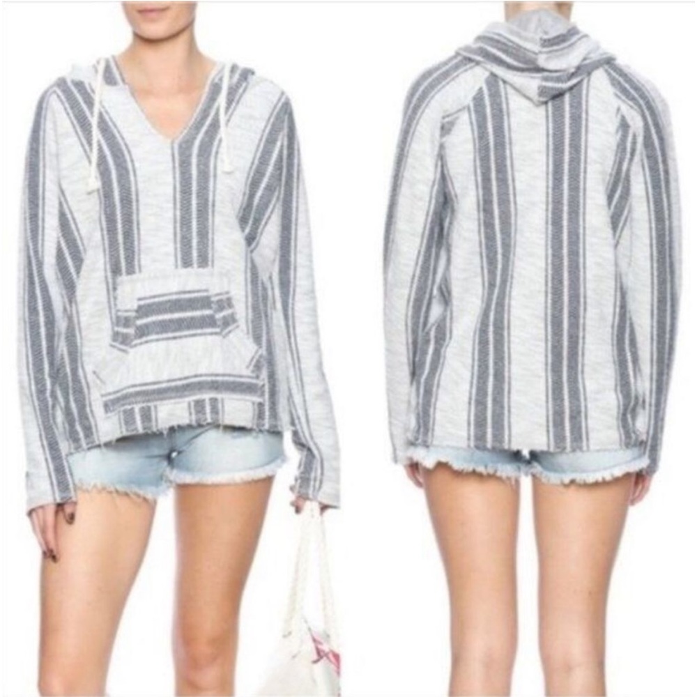 3/$15 SALE Ocean Drive Clothing Hooded Baja Poncho Dark & Light Gray Striped MED - Picture 2 of 8